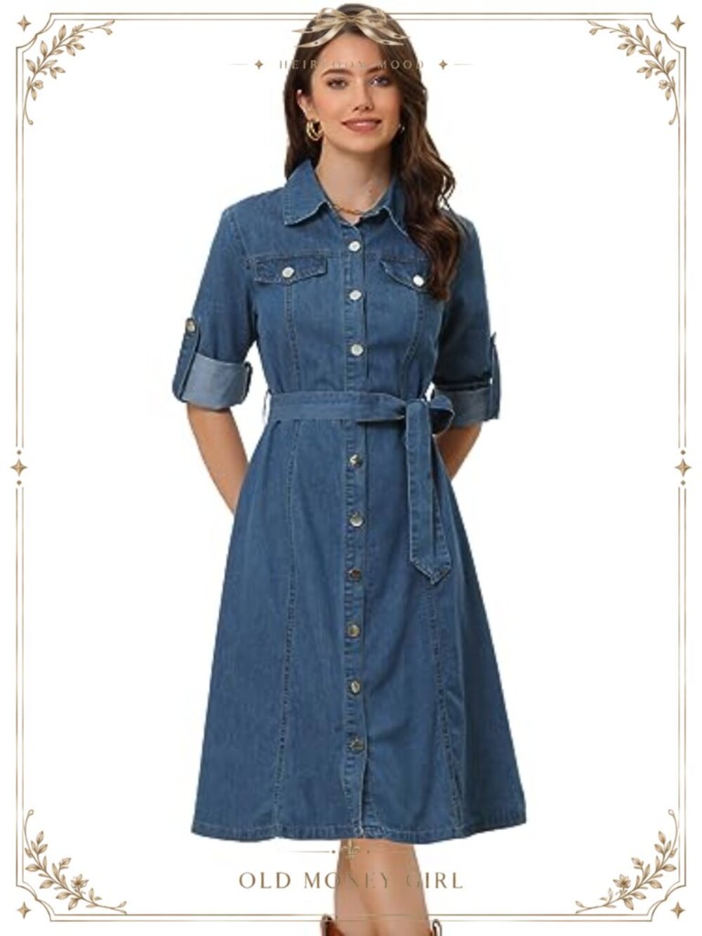 Denim Midi Dress 100% Cotton Button Down Long Sleeve Belted Jean Dress
